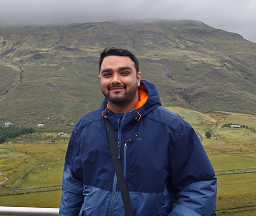Tamen Dutta on a misty hillside along Iceland's ring road